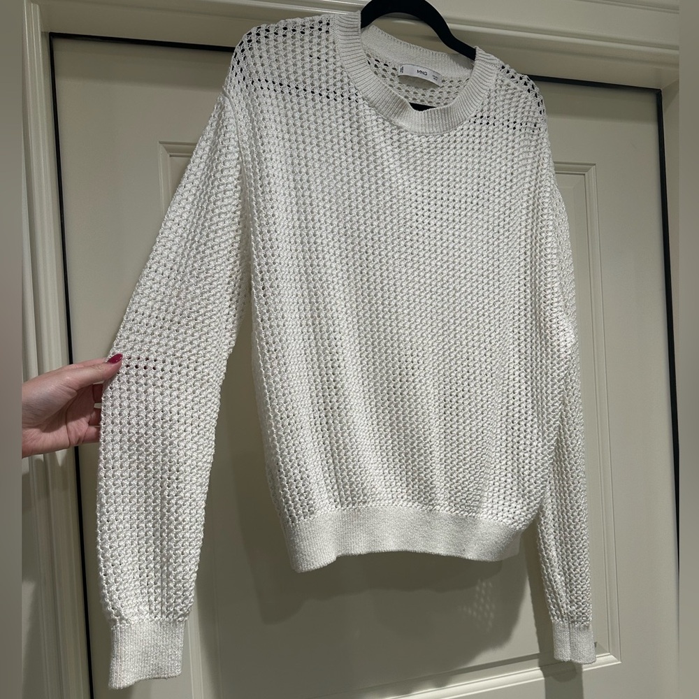 Mango oversized White Knit Mesh Crew with Holes Sz Large